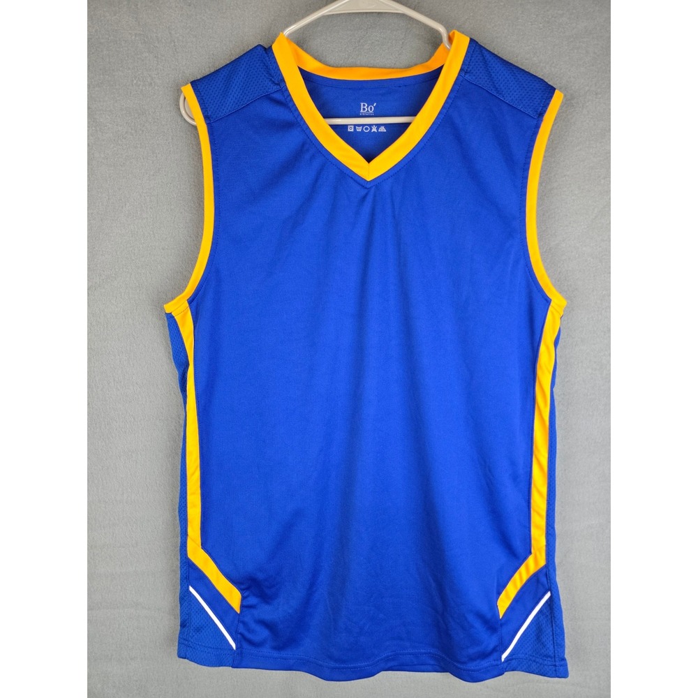 Bo Athletic Basketball Jersey Men Large Blue Yellow Sleeveless Mesh V-Neck Sport